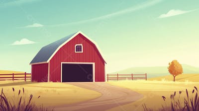 Ilustração Digital de Fazenda no Outono com Casa Branca e Campo Dourado