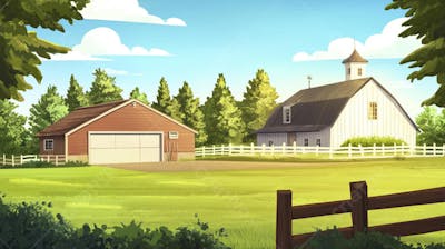 Ilustração Digital de Fazenda no Outono com Casa Branca e Campo Dourado