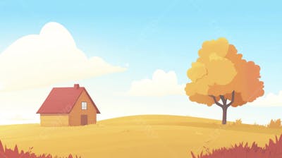 Ilustração Digital de Fazenda no Outono com Casa Branca e Campo Dourado