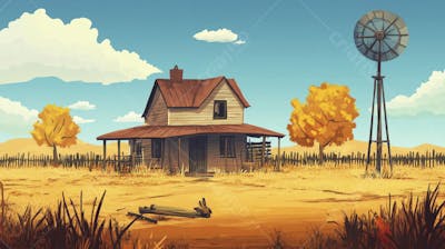 Ilustração Digital de Fazenda no Outono com Casa Branca e Campo Dourado