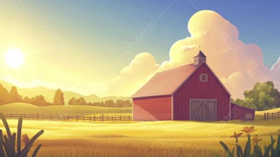 Ilustração Digital de Fazenda no Outono com Casa Branca e Campo Dourado