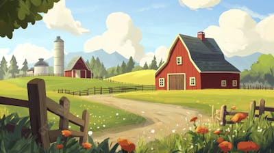Ilustração Digital de Fazenda no Outono com Casa Branca e Campo Dourado