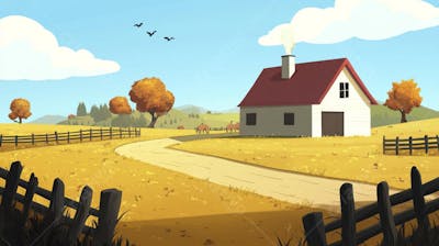 Ilustração Digital de Fazenda no Outono com Casa Branca e Campo Dourado
