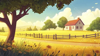 Ilustração Digital de Fazenda no Outono com Casa Branca e Campo Dourado