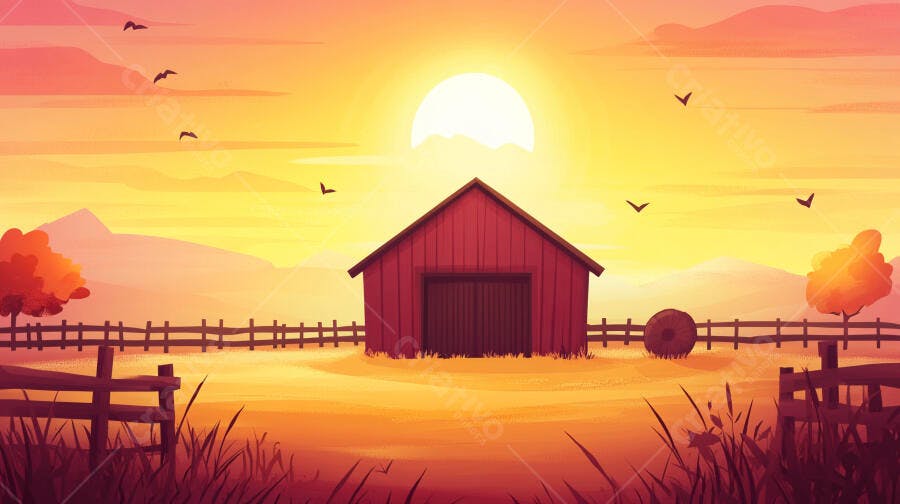 Pôr do sol em fazenda com celeiro vermelho