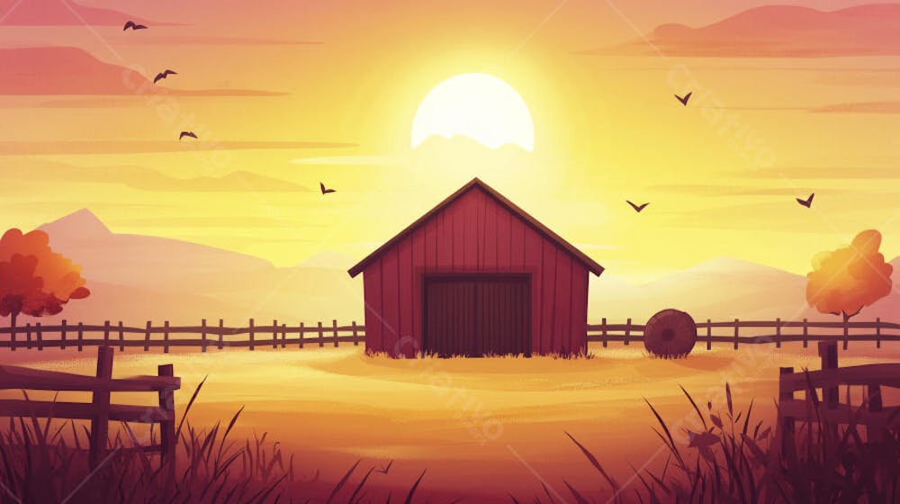 Ilustração Digital de Fazenda no Outono com Casa Branca e Campo Dourado