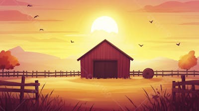Ilustração Digital de Fazenda no Outono com Casa Branca e Campo Dourado