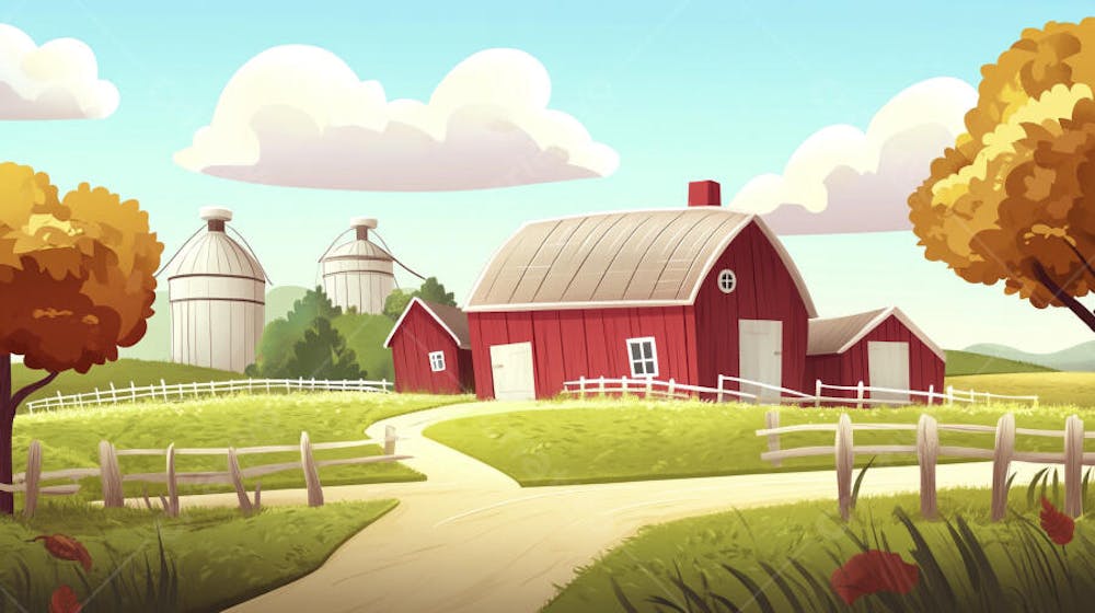 Ilustração Digital de Fazenda no Outono com Casa Branca e Campo Dourado