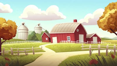 Ilustração Digital de Fazenda no Outono com Casa Branca e Campo Dourado