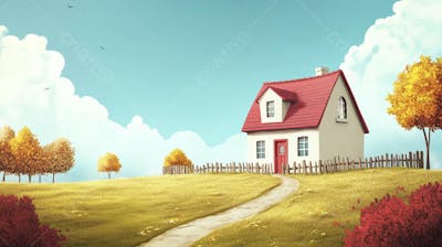 Ilustração Digital de Fazenda no Outono com Casa Branca e Campo Dourado