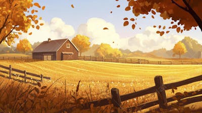 Ilustração Digital de Fazenda no Outono com Casa Branca e Campo Dourado