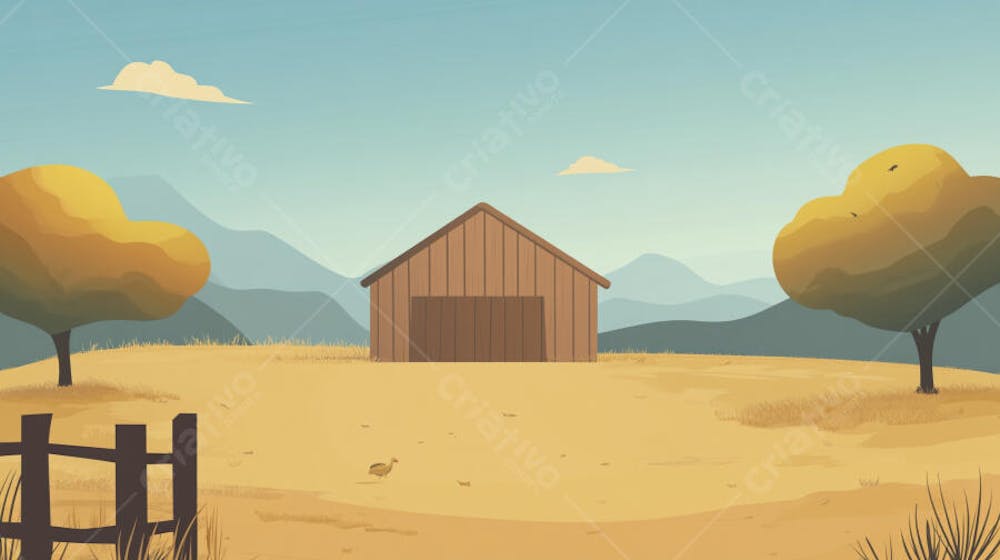 Ilustração Digital de Fazenda no Outono com Casa Branca e Campo Dourado