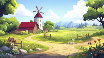 Ilustração Digital de Fazenda no Outono com Casa Branca e Campo Dourado