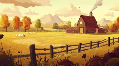 Ilustração Digital de Fazenda no Outono com Casa Branca e Campo Dourado