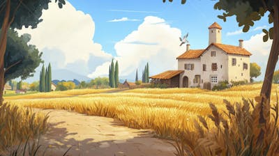 Ilustração Digital de Fazenda no Outono com Casa Branca e Campo Dourado