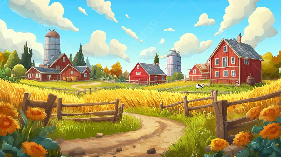 Fazenda Rural com Casas Vermelhas e Campo Dourado