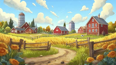 Ilustração Digital de Fazenda no Outono com Casa Branca e Campo Dourado