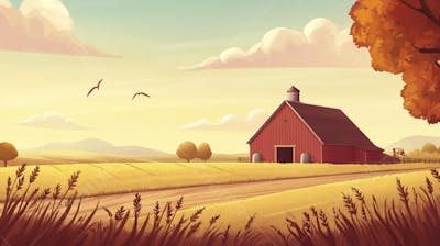 Ilustração Digital de Fazenda no Outono com Casa Branca e Campo Dourado