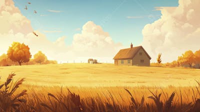 Ilustração Digital de Fazenda no Outono com Casa Branca e Campo Dourado