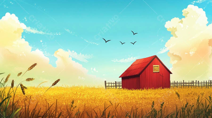 Campo de trigo dourado com celeiro vermelho