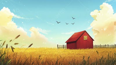 Ilustração Digital de Fazenda no Outono com Casa Branca e Campo Dourado