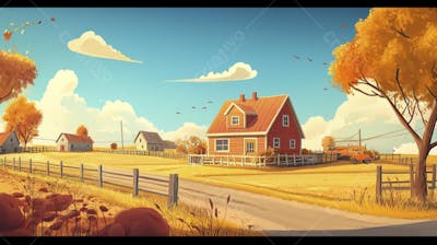 Ilustração Digital de Fazenda no Outono com Casa Branca e Campo Dourado