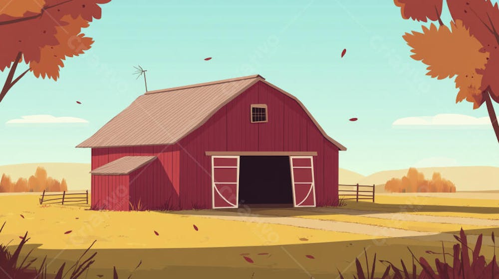 Ilustração Digital de Fazenda no Outono com Casa Branca e Campo Dourado