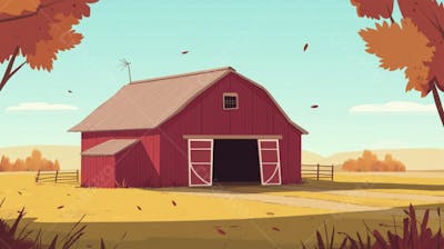 Ilustração Digital de Fazenda no Outono com Casa Branca e Campo Dourado