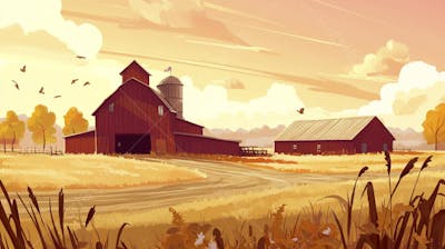 Ilustração Digital de Fazenda no Outono com Casa Branca e Campo Dourado