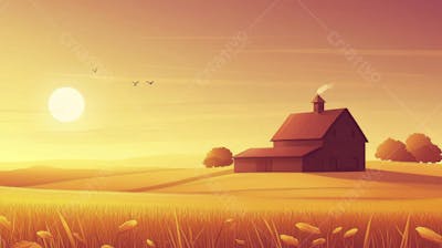 Ilustração Digital de Fazenda no Outono com Casa Branca e Campo Dourado