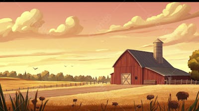 Ilustração Digital de Fazenda no Outono com Casa Branca e Campo Dourado