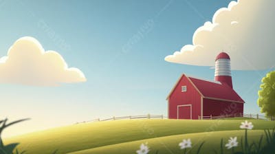 Ilustração Digital de Fazenda no Outono com Casa Branca e Campo Dourado