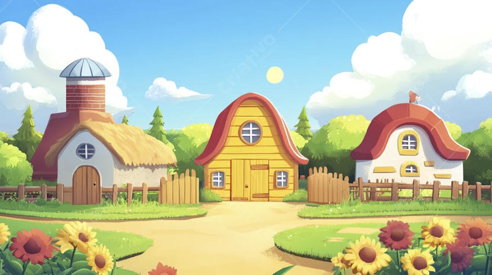 Ilustração Digital de Fazenda no Outono com Casa Branca e Campo Dourado