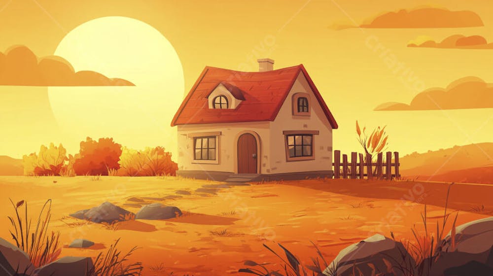 Ilustração Digital de Fazenda no Outono com Casa Branca e Campo Dourado