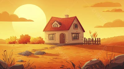 Ilustração Digital de Fazenda no Outono com Casa Branca e Campo Dourado