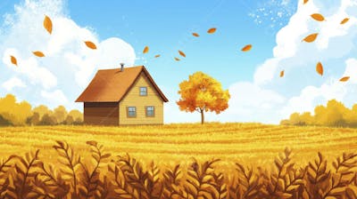Ilustração Digital de Fazenda no Outono com Casa Branca e Campo Dourado