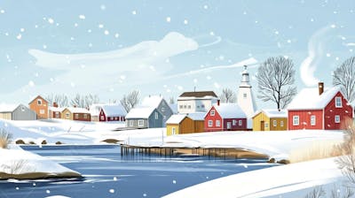 Ilustração Digital de Vila de Pescadores no Inverno com Casas Coloridas e Neve Caindo