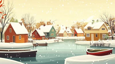 Ilustração Digital de Vila de Pescadores no Inverno com Casas Coloridas e Neve Caindo