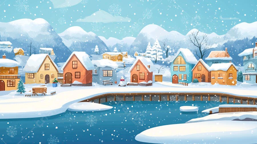 Vila de inverno nevada com casas coloridas