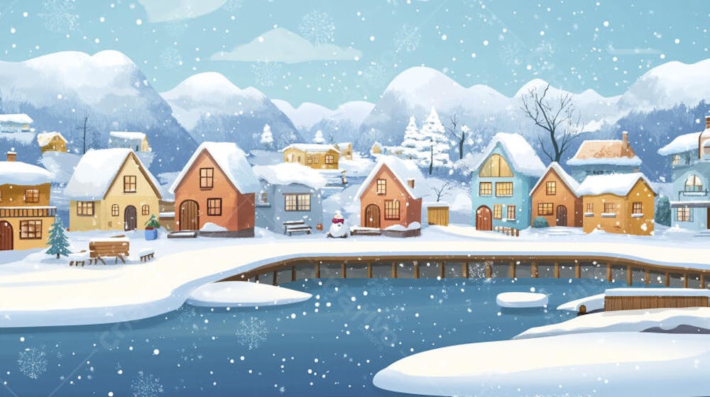 Ilustração Digital de Vila de Pescadores no Inverno com Casas Coloridas e Neve Caindo