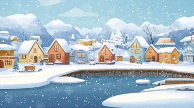 Ilustração Digital de Vila de Pescadores no Inverno com Casas Coloridas e Neve Caindo
