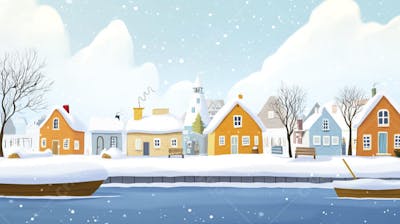 Ilustração Digital de Vila de Pescadores no Inverno com Casas Coloridas e Neve Caindo