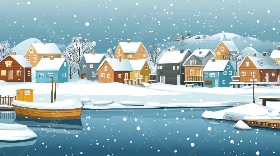 Vila de inverno nevada com casas coloridas e barco