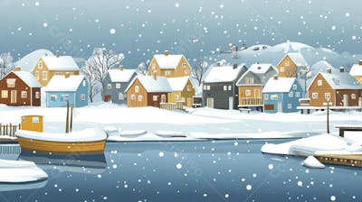 Ilustração Digital de Vila de Pescadores no Inverno com Casas Coloridas e Neve Caindo