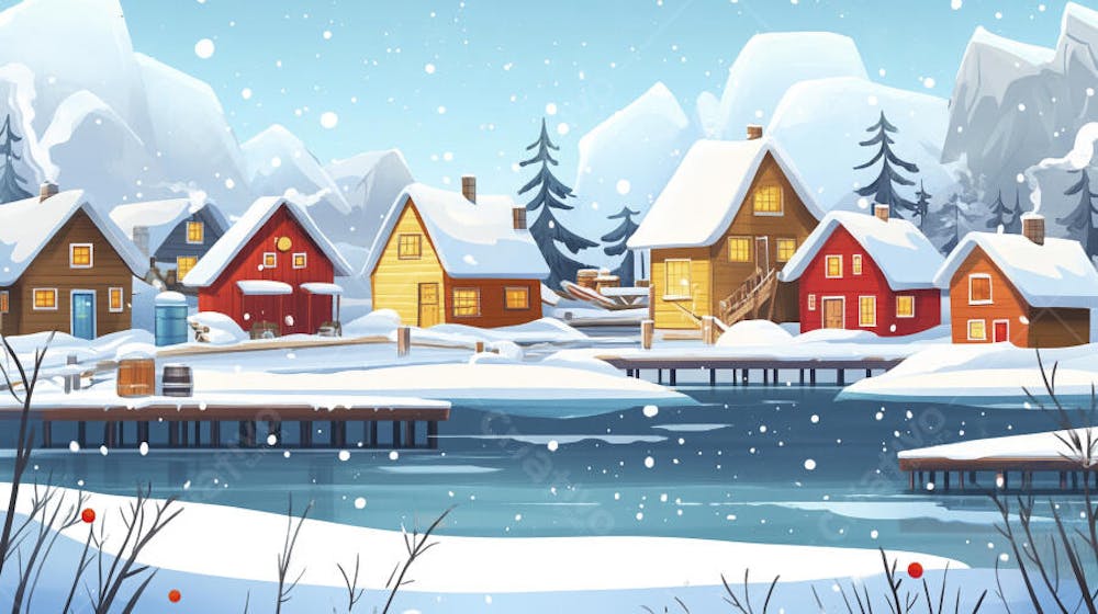 Ilustração Digital de Vila de Pescadores no Inverno com Casas Coloridas e Neve Caindo