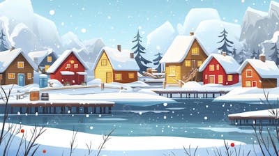 Ilustração Digital de Vila de Pescadores no Inverno com Casas Coloridas e Neve Caindo