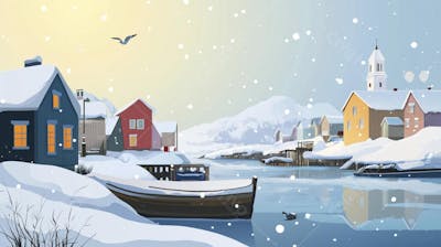 Ilustração Digital de Vila de Pescadores no Inverno com Casas Coloridas e Neve Caindo