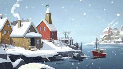 Ilustração Digital de Vila de Pescadores no Inverno com Casas Coloridas e Neve Caindo
