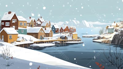 Ilustração Digital de Vila de Pescadores no Inverno com Casas Coloridas e Neve Caindo