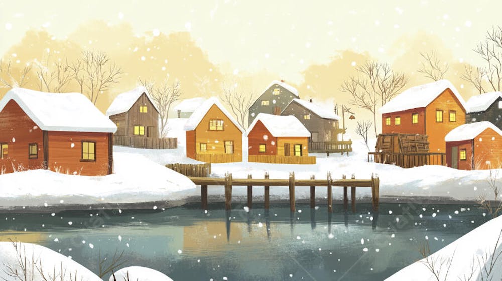 Ilustração Digital de Vila de Pescadores no Inverno com Casas Coloridas e Neve Caindo